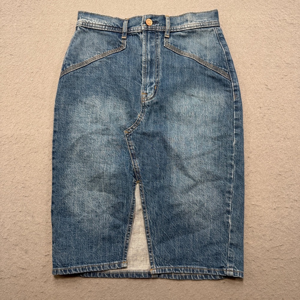 Gap Midi Skirt Women's 2/26 Blue Denim Front Slit High Waist Stretch Medium Wash